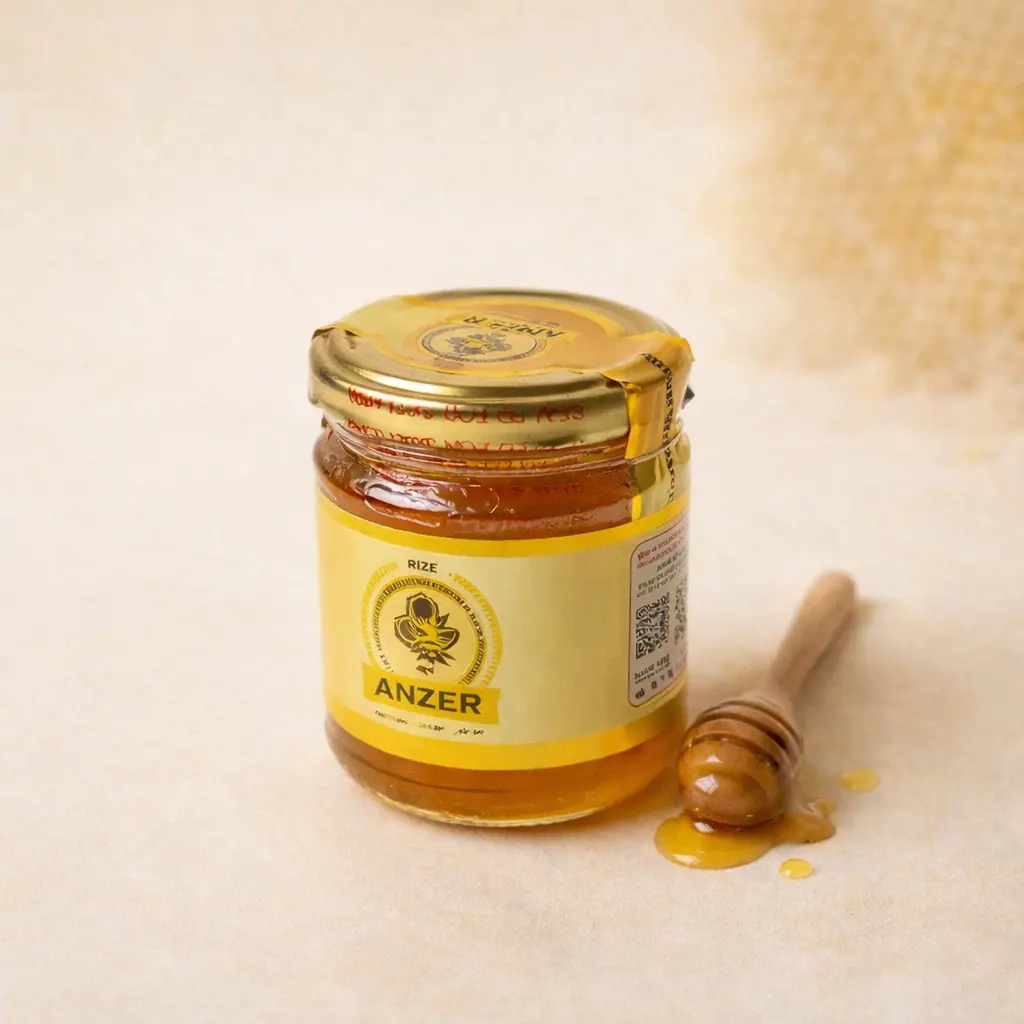 Jar of raw Anzer honey with wooden honey dipper on warm natural background