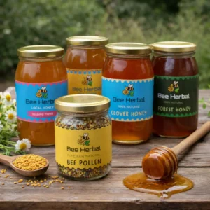 Bee Herbal raw honey and bee pollen jars displayed on a rustic wooden table with honey dipper in a natural outdoor setting